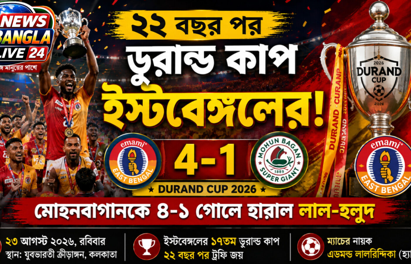 ২২ বছরের অপেক্ষার অবসান! মোহনবাগানকে ৪-১ গোলে হারিয়ে ডুরান্ড কাপ ইস্টবেঙ্গলের