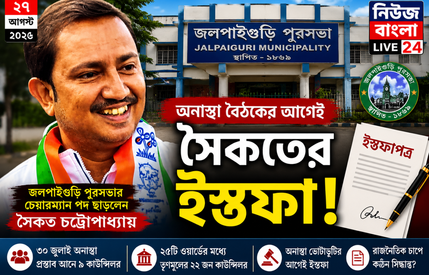 অনাস্থা বৈঠকের আগেই ইস্তফা! জলপাইগুড়ি পুরসভার চেয়ারম্যান পদ ছাড়লেন সৈকত চট্টোপাধ্যায়