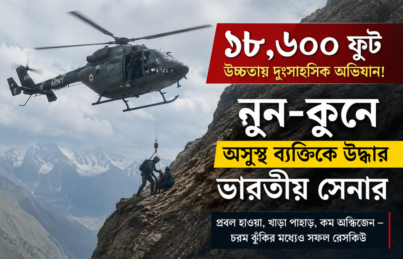 ১৮,৬০০ ফুট উচ্চতায় দুঃসাহসিক উদ্ধার অভিযান, নুন-কুনে রোগীকে উদ্ধার ভারতীয় সেনার