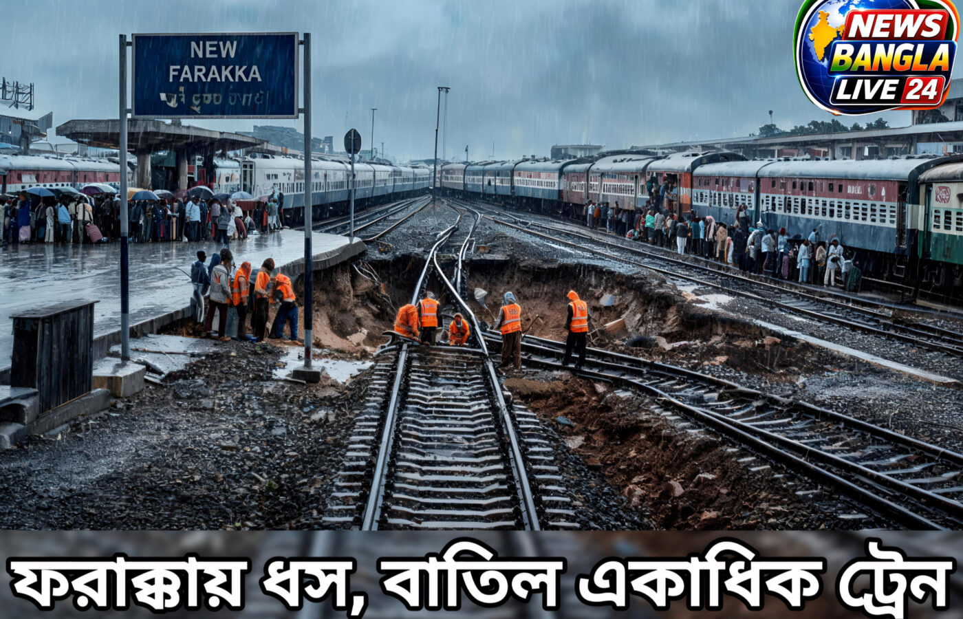 ফরাক্কায় রেললাইনে ধস, বাতিল একাধিক ট্রেন, চরম দুর্ভোগ যাত্রীদের